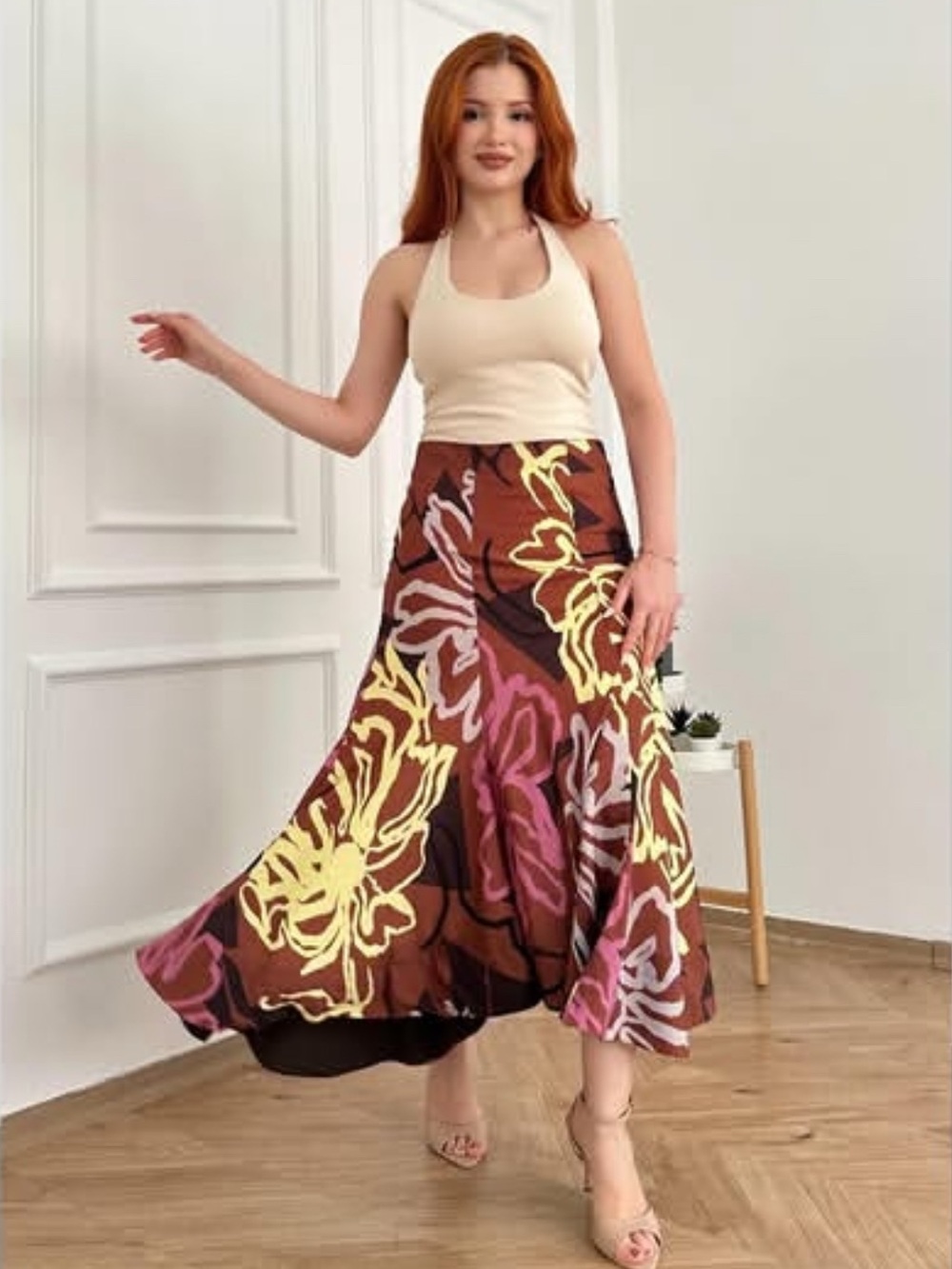 Zara ZW Collection Printed Asymmetric Midi Skirt